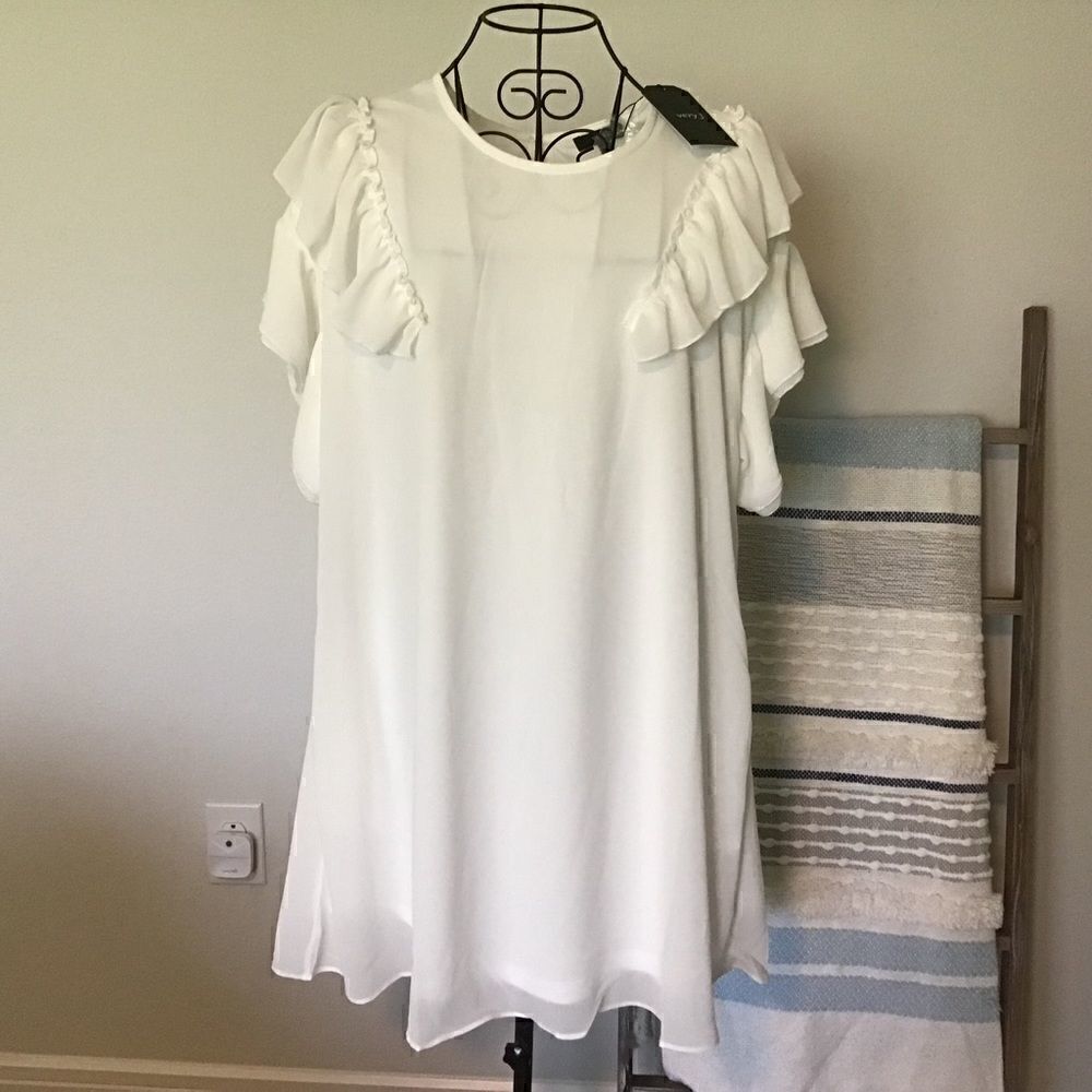 NWT Very J Off-White Ruffled Sheer Layer Mini Dress.